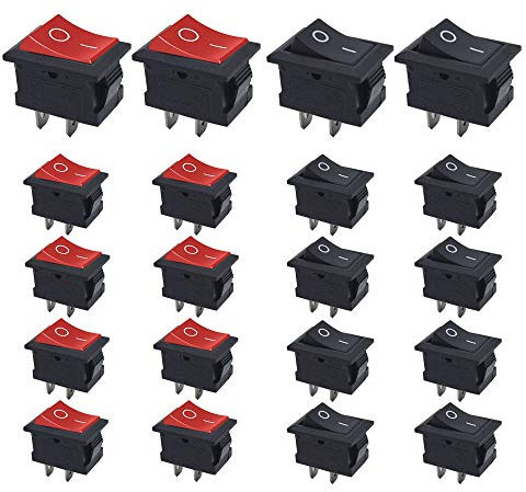 Senven 20Pcs ON/OFF Toggle Switch, 2 Strokes Mini Boat Rocker Switch Automotive Switch AC 6A / 250V, 10A / 125V, Mini Electronic On Off Switch for Car, Boat, Home Appliances (Red +10 Black +10)