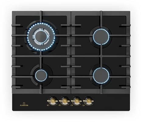 Klarstein Victoria - Table de cuisson gaz, encastrable, brûleur Sabaf, gaz naturel/propane, soupapes de sécurité, arrêt automatique, supports en fonte, verre céramique look rétro, 4 brûleurs, noir