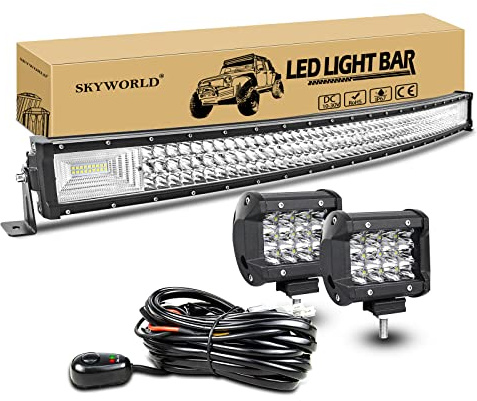 SKYWORLD 42 Zoll LED Arbeitsscheinwerfer Bar Gebogen Off-Road Zusazuscheinwefer 12V 24V, 2 X 4 Zoll Spot Led Scheinwerfer Arbeitslichtleiste + Kabelbaum Kit für 4x4 4WD Traktor LKW ATV UTV Fahrzeuge | 107 cm 540W Dreireihige Lightbar, 2 Pcs 4 Zoll 36W Spot Offroad Scheinwerfer für Auto 4x4 4WD Traktor LKW ATV UTV Fahrzeuge