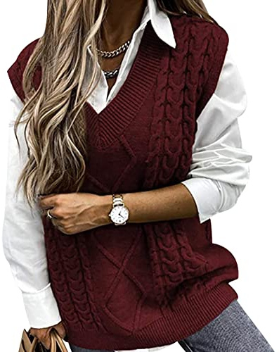 Pull Sans Manche Femme Col V Gilet Maille Tricot Tricoté Pullover Chandail Large Bordeaux XL