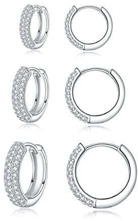 Zolkamery 925 Sterling Silber Creolen Set - 3 Paare Unisex Ohrringe mit AAAAA Zirkonia - Klein Schlafen in 9, 11, 13mm