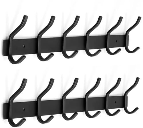 YUNISS Kleiderhaken Hakenleiste, Garderobenhaken Edelstahl mit 6 Haken, Wandhaken Garderobenleiste for Schlafzimmer, Badezimmer (Schwarz, 6 Haken, 2 Stück)