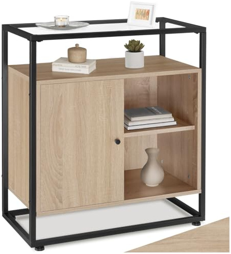 tectake® Kommode, Sideboard, Schrank mit Glasablage, Highboard, Barschrank 70 x 38 x 80,5 cm, Beistellschrank, Mehrzweckschrank, Möbel Wohnzimmer, Schlafzimmer - Industrial Holz hell, Eiche Sonoma