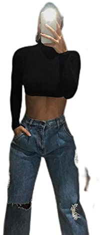 Fujian Friday Chic Moda Dolcevita Manica Lunga Top Delle Donne Solido Di Base Magliette Sexy Top Cropped Streetwear-nero, S