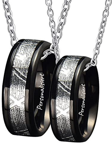 KnSam Edelstahl Partner Ketten mit Ring Anhänger, 2er Pärchen Kette Ring Kohlefaser, Schwarz für Frauen Männer (Breite 8MM, Länge 60cm/ 50cm, Damen 54 Herren 62)