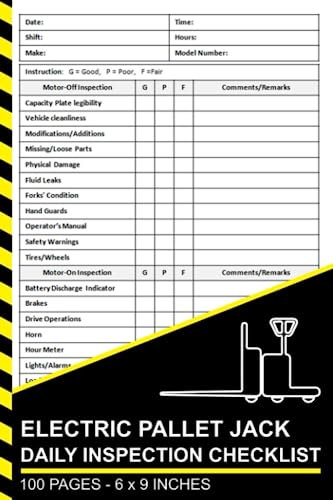 Electric Pallet Jack Daily Inspection Checklist: Powered Pallet Jack Pre-Use Inspection Book | Electric Pallet Truck Safety and Maintenance Checklist