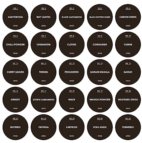 Spice Jar Labels - Water Resistant 37mm Satin Plastic Stickers - Design 1 - Top 25 Indian Spices - (Bistro Coffee Colour Label)