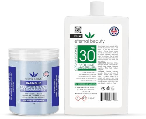 Hair Bleach Kit – Blue Bleach Powder 80g + Cream Peroxide 9% 30 Volume 250ml – Professional Hair Lightening, Highlighting & Hair Coloring Kit for Salon & Home Use by ETERNAL BEAUTY