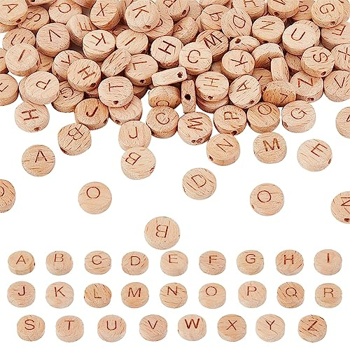 OLYCRAFT 104 Stück 10 mm Alphabet Holzperlen Runde Flache Alphabetperlen Flache Holz perlen Aus Naturbuche Mit 1.6mm Loch Lose Holzperlen Für Die Schmuckherstellung Und Heimwerkerarbeiten - 4 Sets