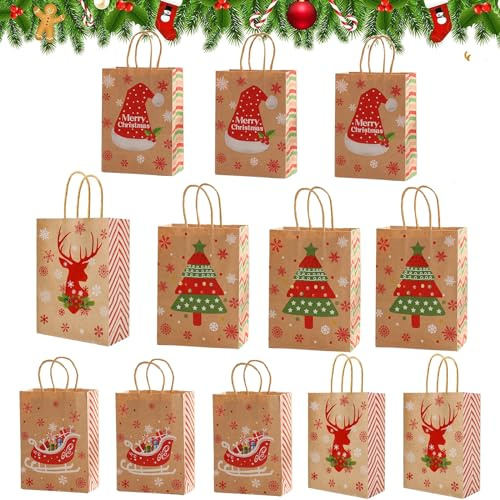 12Pcs Geschenktüten weihnachten, Weihnachten Geschenktaschen, Weihnachts Kraft Geschenktaschen,Weihnachten Geschenktüten mit Henkel, zum Verpacken von Geschenken, Partybedarf