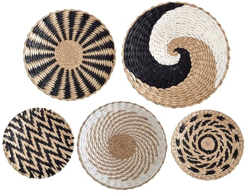 Decoración de Pared Boho - Cestas Tejidas de Ratán Colgantes para Dormitorio - 5 Piezas, Juego de Bandejas Rústicas de Arte (7,9, 9,8, 11,8 Pulgadas)