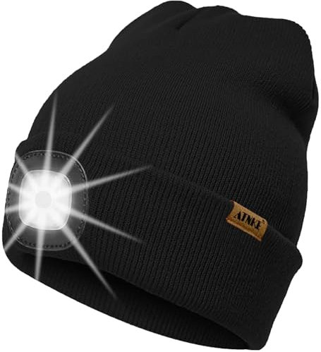 ATNKE LED Beleuchtete Mütze mit Licht,Wiederaufladbare USB 4 LED Beleuchtete Laufmütze Extrem Heller Lampe Winter Warme Stricken Mütze Technik Geschenke für Herren und Damen/Black