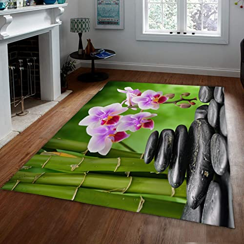 CIHCOHOME Rosa Orchideen und Zen-Steine und Bambusteppiche für Wohnzimmer Natur Wildnis Fotografie Bereich Teppich Chic Scenic Indoor Bodenteppich 140x200cm