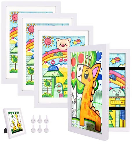 Hipsignal Kinder Bilderrahmen, 4 Stück A4 Befüllba Bilderrahmen für Kinder mit Frontöffnung und Halterung zum Aufhängen oder Aufstellen von Kinderzeichnungen, Kunstprojekten (Weiß)