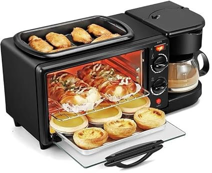 3 In 1 Breakfast Maker Station, 9L Multifunction Breakfast Machine with 600ml Kettle, 30-minute Timer, 100℃-230℃ Temperature Control, Egg Sandwich Maker, Mini Toaster Electric Oven, Frying Pan