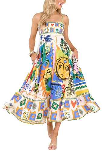 YILEEGOO Robe longue d'été bohème à bretelles spaghetti pour femme - Imprimé serpent ethnique - Décontractée - Sans manches, Jaune/beige., S