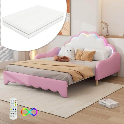 MQLAE Bett 140x200 mit Matratze und Lattenrost, Polsterbett mit ausziehbares Bett, Kopfteil mit LED-Ambientebeleuchtung, Tagesbett Sofabett, Doppelbett Bettgestell, PU (Rosa)