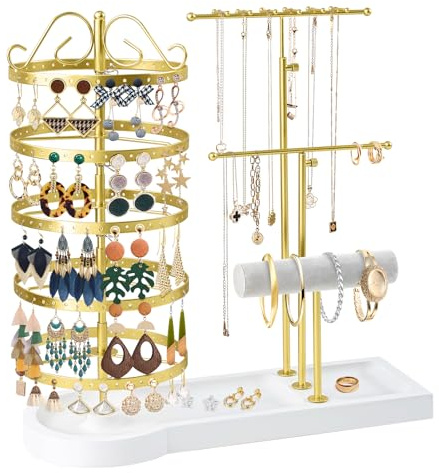 SMFANLIN Schmuck-Organizer-Ständer, drehbarer Ohrring-Halter, Organizer, multifunktional, verstellbar, Halskettenhalter, Armband, Uhrenhalter für Schmuck, Ohrringe, Ringe (Gold)