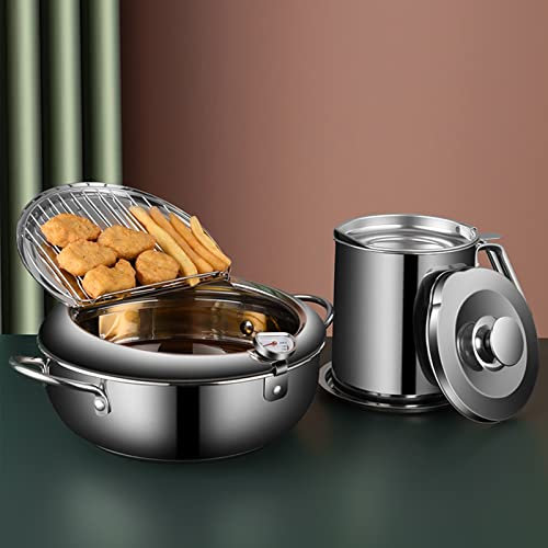 Kochtopf, Frittiertopf Tempura 304 Edelstahl Fritteuse mit Deckel und Thermometer, Fritteuse im japanischen Stil für Hühnchen, Garnelen, Pommes Frites und mehr