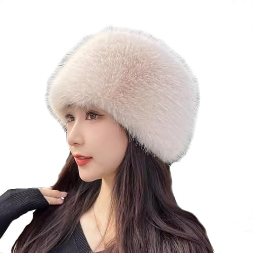TAITUS Damen Winter-Anglerhut aus Kunstpelz, warme Plüschmütze aus Kunstpelz, Schiebermütze aus Fuchspelz, modische Winter-Pelzmütze für Damen, verdickte mongolische Wintermütze aus Kunstnerz (Beige)