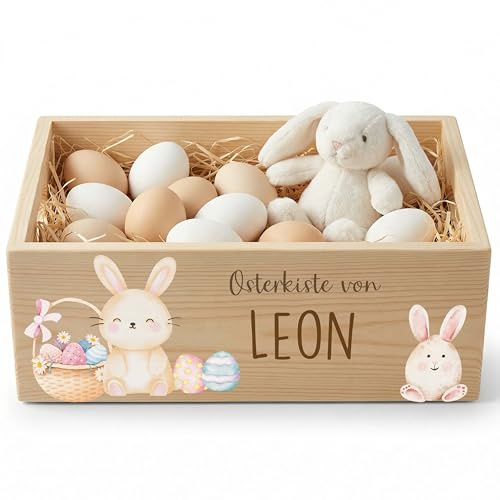 Kidsmood - Personalisierte Holzkiste mit Namen – Aufbewahrungskorb zu Ostern für Kinder, nachhaltig & kindersicher für Osterdeko & Ostergeschenke mit süßen Zwillingshasen (40x30x13)