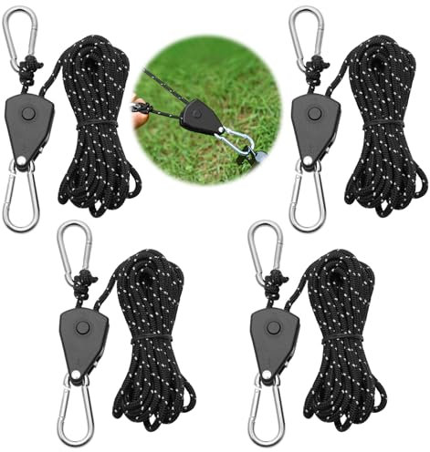4 Pièces Corde à Cliquet vec Crochets, 4 M Cliquet de Poulie à Corde Réglable 1/8 Pouces Rope Ratchet pour Les luminaires, Les Lampes pour Plantes et Les Pots de Jardinage, Tente Randonnée