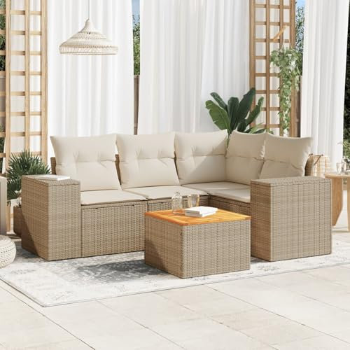 IKAYAA Gartenlounge Balkon Rattan gartenmöbel Set Lounge Sofa Outdoor Lounge Rattan Sofa Ecklounge Sitzecke Balkon Loungemöbel Gartensofa Ecksofa Balkonmöbel-Beige und Creme-5-tlg-3