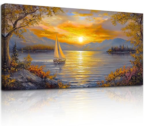 MHARTK66 Cuadros Decoracion Salon, 50x100 cm Grandes Laminas Decorativas Pared Dormitorios, Lienzos Decorativos Pared Atardecer Navegando en el Lago, Modernos Wall Art Comedor Pasillo Baño Oficina
