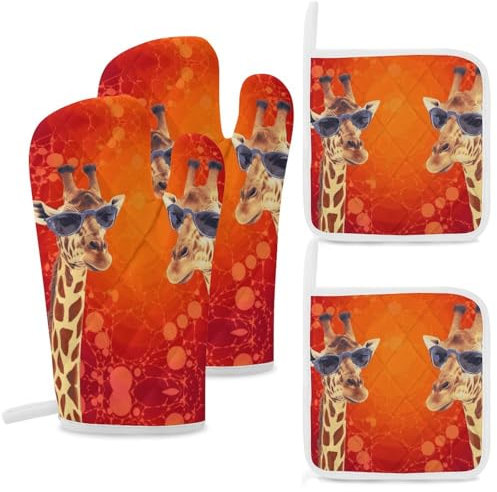 Giraffe Wearing Sunglasses Oven Mitts and Pot Holders Sets of 4 High Heat Resistant Non-Slip Oven Gloves Hot Pads Cooking Gloves for Kitchen Cooking Baking Grilling BBQ