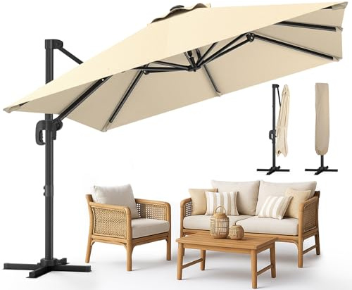 vounot® Parasol Déporté Carré 3x3M avec 8 Baleines Parasol de Jardin Extérieur Rotation 360° Inclinable 6 Positions Toile Polyester Anti UV et Imperméable avec Housse Beige
