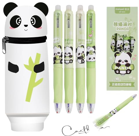 Panda Silikon Federmäppchen mit 4PCS Löschbaren Gelschreibern, Kawaii Radierbaren Gelstiften, Standup Federmäppchen, Schule & Office Supplies, Geschenke für Jungen und Mädchen