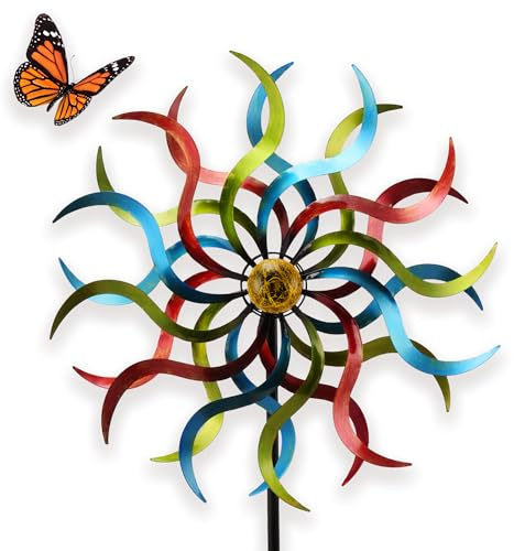 matches21 HOME & HOBBY Großes Windrad Metall 187 cm, wetterfeste Frühlings Garten-deko Sonnenstrahlen - Bunte Windmühle mit Solar