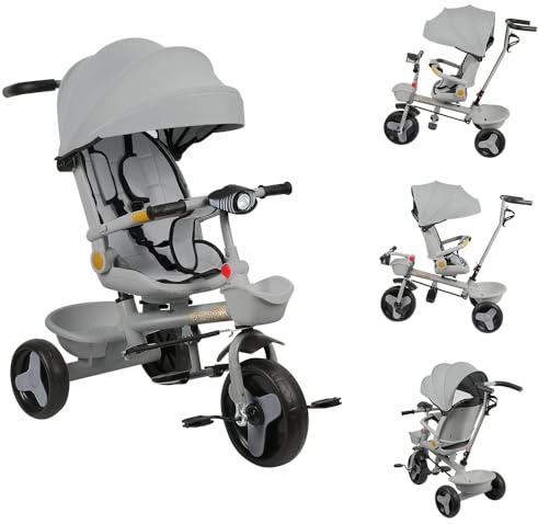 Laufrad Dreirad, Laufräder Kinderdreirad mit schubstange, Dreirad Lauffahrrad für Kinder ab 1 Jahre Jungen Mädchen Geschenk (grau-A)