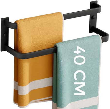 SAYAYO Double Towel Rail Black Towel Holder Wall Mounted, 40CM Two-tier Bathroom Towel Rack for Home Use, Kitchen, Laundry Room, Waterproof & Corrosion-Resistant