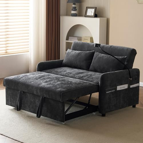Merax Schlafsofa 2-Sitzer Sofa mit Schlaffunktion, Klappbares 3-in-1 Schlafcouch mit Verstellbarer Rückenlehne, USB-Anschlüssen und Handyhalter, aus Chenille, Grau 129 x 76 x 81 cm