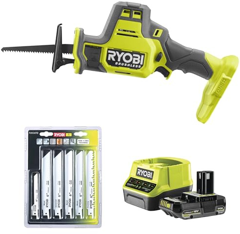 Ryobi - Scie sabre compact sans fils 18 volts ONE+, Brushless + 1 Batterie 2Ah et 1 chargeur rapide + 6 lames panachées scie sabre (bois/métal - emmanchement universel)