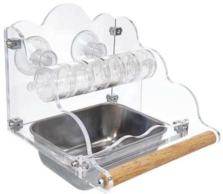 Mangeoire de perruches pour cage à oiseaux - Bol de nourriture en acrylique résistant aux éclaboussures | Mangeoire perroquet avec perche, plateau alimentaire transparent pour boucle, conure, cacatoès