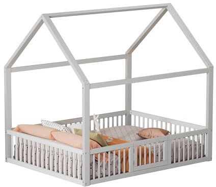 Goldicoo Montessori Hausbett 140X200 - Kinderbett mit Rausfallschutz, Tür und Lattenrost aus Holz