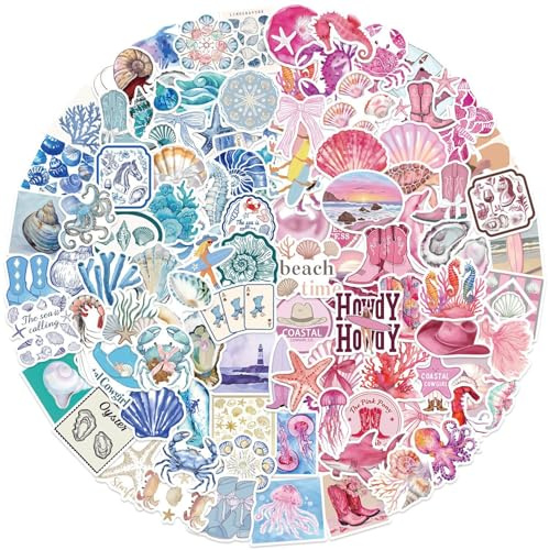 Blue Ocean Stickers,Cartoon Graffiti Stickers,100Pcs Funny Blue Marine Life Vinyl Waterproof Decals for Kids Teens,for Phone Laptop Water Bottles Skateboard Computer Phone Luggage Guitar Car Gifts