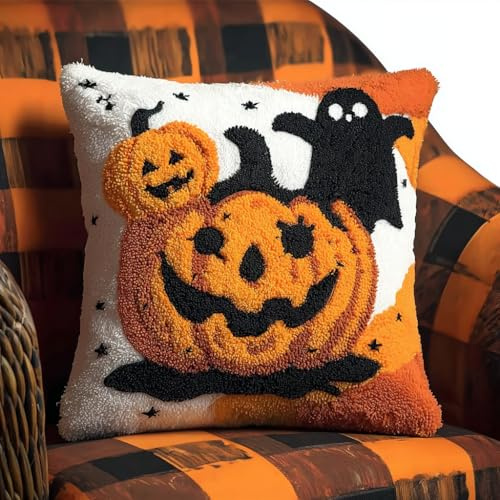 ANSIWEIGO Halloween Theme Latch Hook Pillow Kit 43x43 cm – Beginner-Friendly Craft Kit for Creating Handmade Cushion Covers, Fun Autumn Activity -9