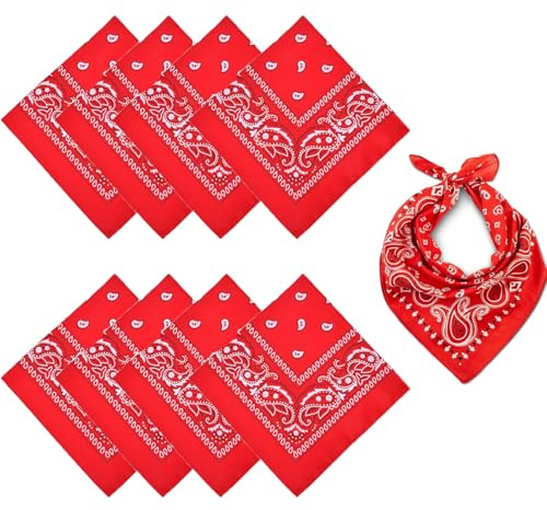 JNGTKL 8 Pcs Red Bandana, 54cm x 54cm Square Scarf, Cowboy Neckerchief, Bandana for Men and Women, Outdoor Activities, Cosplay and Fashion Accessories, Classic Stylish Accessory