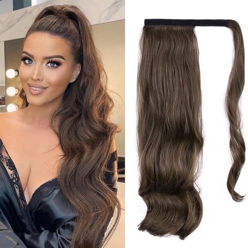 Vågig Wrap ponytail förlängning, hästsvans hårstycke fläta förlängning | Syntetisk klämma i hårdel, hårförlängningar för kvinnor (8/30 karamellbrun, lång)