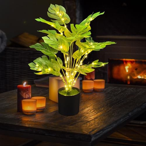 IJG 20 Lighted Faux Monstera Plant with LED Lights - USB & Battery Box Powered - LED Artificial Monstera Tree for Living Room, Home Decor, Indoor Decoration (Turtle-Back Bamboo)