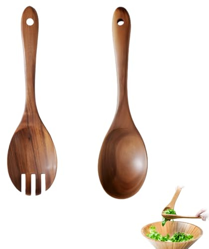 Wooden Spoons for Cooking, MEOAlBkey 2PCS Natural Acacia Wood Salad Servers Set with Spoon&Fork Non-Scratch Woodens Cooking Utensils Large Wooden Spoon&Fork for Serving Mixing Non-Stick Pans