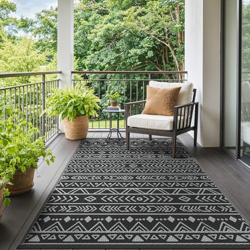 GENIMO Tappeto per Esterni 4x6 FT (122x183 cm), Impermeabile in Grigio e Nero per Balcone, Terrazza, Giardino, Design Urbano e Moderno