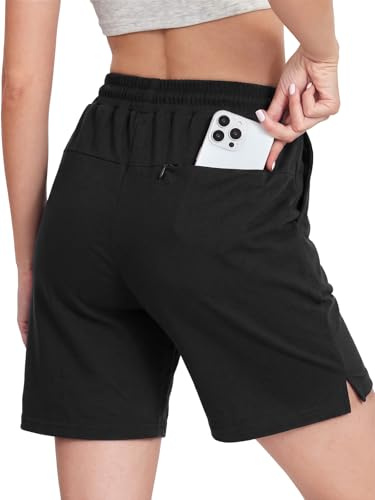 Monbessi Running Shorts Womens with 3 Big Pockets Cotton High Waist Sports Shorts Ladies Gym-Shorts for Casual Lounge Jogging Workout Hiking