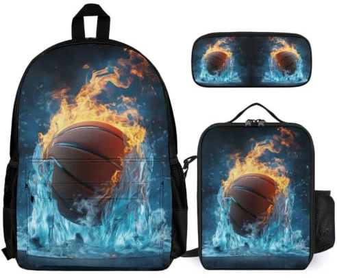 WECECE Ice and Primary Fire Basket Ryggsäck för pojkar, flickor, 3-delat basketskolset med måltid och fodral, skolväska elever CP CE1 CE2 CM1 CM2 6 till 12 år
