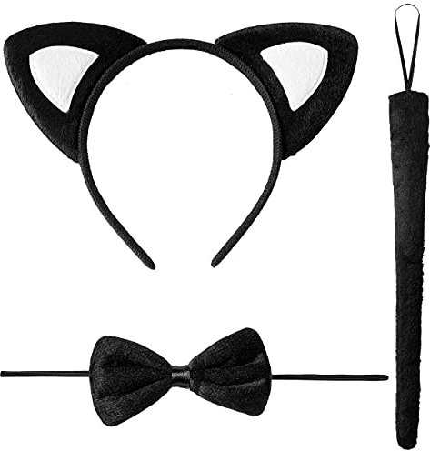 3pc Black Cat Costume for Kids or Adults - Black Cat Ears and Tail and Bow Tie for a World Book Day or Halloween Fancy Dress Costume - Mouse Ears Animal Headband and Mouse Tail for Halloween Outfit