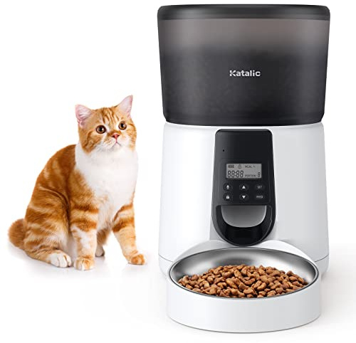 Automatic Cat Feeders, KATALIC Clog-free 4L Cat Food Dispenser with Pet Grooming Glove Sliding Lock Lid Storage Timed Feeder for Cat and Dogs with Voice Recorder, Programmable Meal & Portion