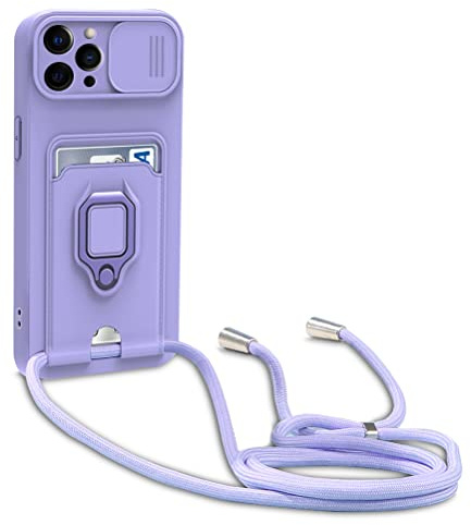 yanasuo Schiebe Kameraschutz Silikon Handykette Hülle kompatibel mit iPhone 12 Pro Max, Metall Ring Halter Handy Cover,Verstellbarer Halskette Handyhülle-Lila